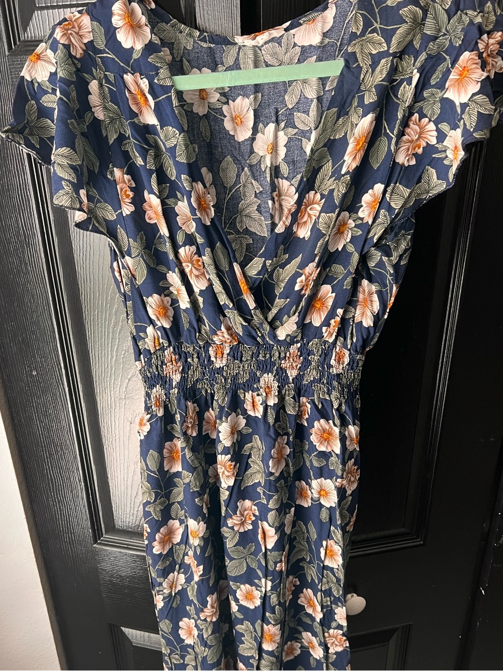 Navy Floral Midi Dress with Smocked Waist